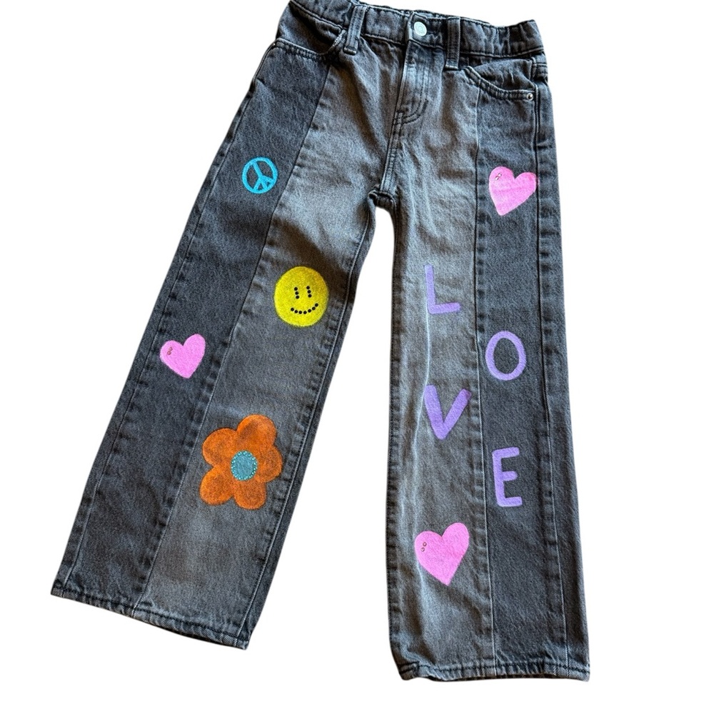 Kids Hippie Retro Hand Painted Wide Leg Black Wash Jeans Y2K Upcycled Pants